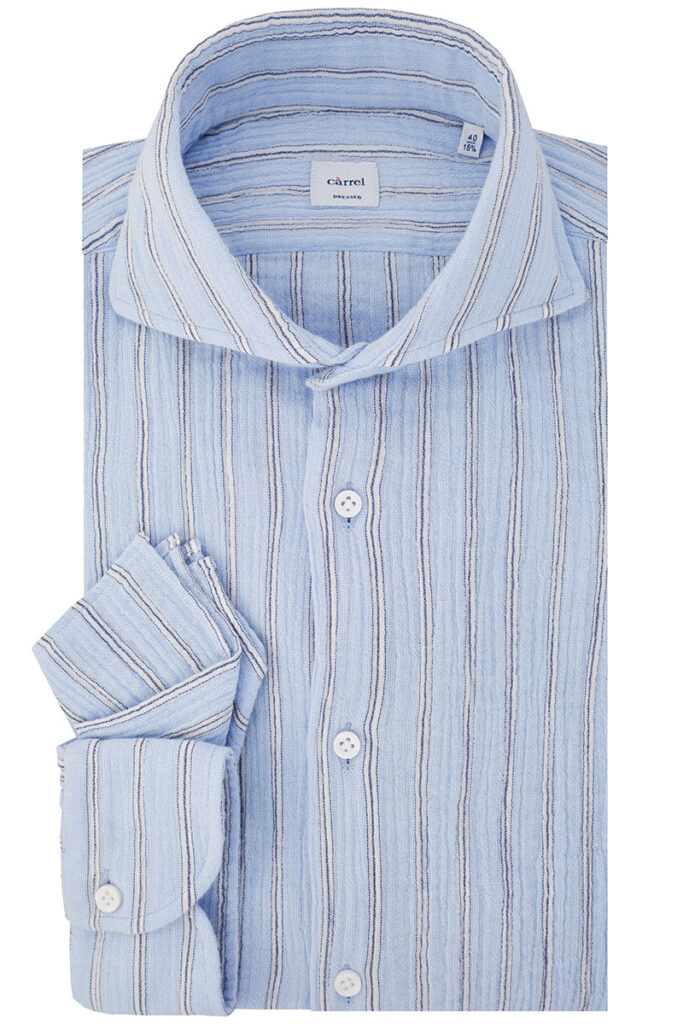 Camicia Càrrel in lino azzurro a righe, stile casual elegante