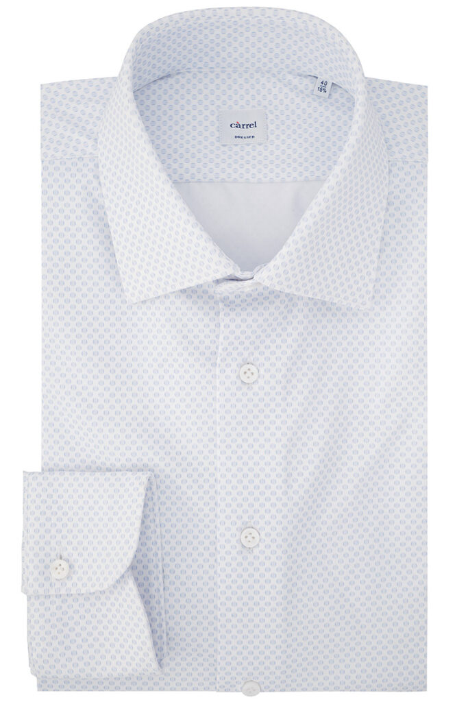Camicia Càrrel bianca con microfantasia azzurra e tessuto elasticizzato